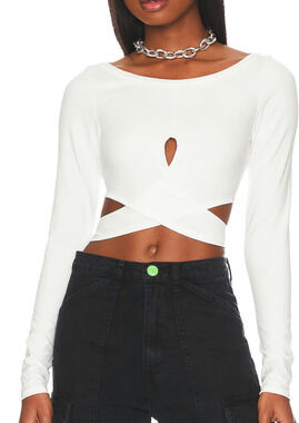 Lovers + Friend White Wrap Crop Top XS Waist Tie Long Sleeve Cut Out $105 NEW